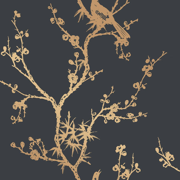 Tempaper Designs LIFESTYLE - Cynthia Rowley Bird Watching Black & Gold Peel and Stick Wallpaper